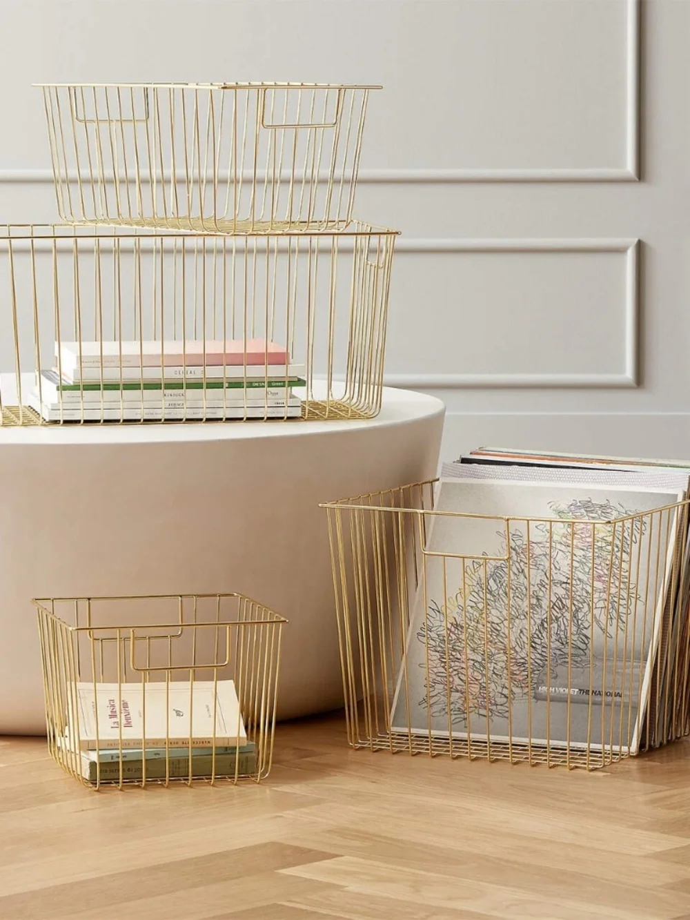 CB2 Roscoe gold wire storage baskets set of 2